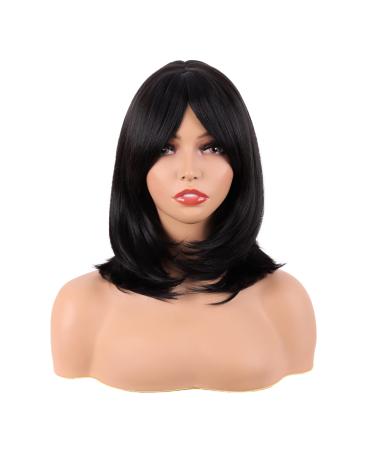 MapofBeauty 18 Inch/45 cm Layered Bangs Straight Synthetic Fiber Shoulder Length Hair Daily Use Wig (Black)