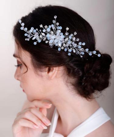 Chargances Bridal Crystal Hair Comb Wedding Blue Beaded Gemstone Hair Side Comb Fashion Flower Headband Headpieces Wedding Prom Flower Girl Hair Accessories for Women and Girls (Silver) - Buy Online on SooperMarket.com