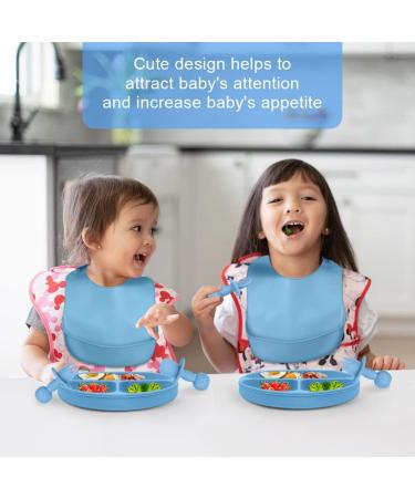 Vicloon Silicone Baby Feeding Set | 4 Pcs Weaning Suction Plate, Bib, Spoon & Fork | BPA-Free Toddler & Kids Plate Set | Divided Plate | Gift for Kids - Blue - Buy Online on SooperMarket.com