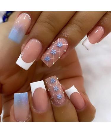 24 Pcs Square Press on Nails Medium Length Floral Fake Nails Blue Gradient with Rhinestones Elegant Design Glossy Glue on Nails Full Cover French Tip False Nails Acrylic Nails for Women Girls
