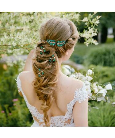 inSowni 7 Pieces Vintage Proms Bridal Wedding Glitter Emerald Green Rhinestone Crystal Gold Metal Hair Side Combs Slides U-shaped Hair Pins Accessories for Women Flower Girls Brides Bridesmaids - Buy Online on SooperMarket.com