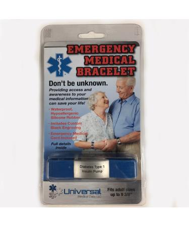 Sport Medical Alert Bracelet - Blue. Pre-engraved "DIABETES TYPE 1 INSULIN PUMP". Save 30% - Close Out Pricing!
