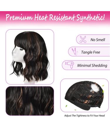 Short Brown Wavy Bob Wig with Bangs | Premium Synthetic Medium Length Wig for Women | Curly Dark Brown Cosplay Wig 12 Inch - Buy Online on SooperMarket.com