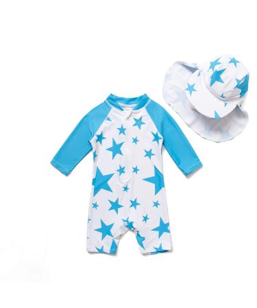 BONVERANO Baby Boys Swimsuit Toddler Bathing Suit Long-Sleeve Zipper One Piece Swimwear with UPF 50+ Sun Protection Blue Star 18-24 Months
