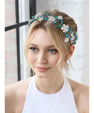 IYOU Flower Wedding Hair Vines Blue Crystal Bride Headband Leaf Guest Bridesmaid Hair Accessories for Women - Buy Online on SooperMarket.com