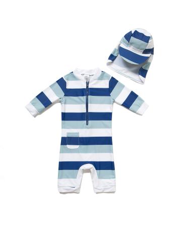BONVERANO Baby Boys Swimsuit Toddler Bathing Suit Long-Sleeve Zipper One Piece Swimwear with UPF 50+ Sun Protection Stripe 2 12-18 Months