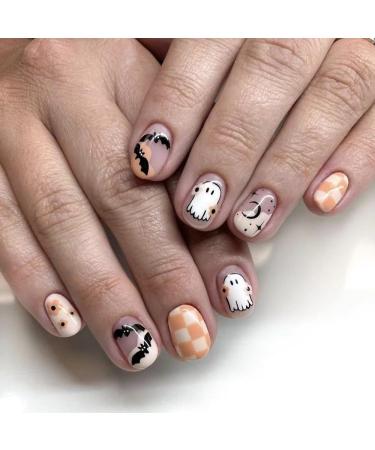 Halloween Press on Nails Short Square Fake Nails Nude Acrylic Glue on Nails Orange Checkerboard False Nails with Bat Ghost Design Reusable Glue on Nails Natural Artificial Stick on Nails for Women 24 style5