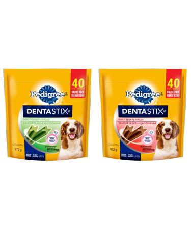 PEDIGREE DENTASTIX Oral Care Adult Dog Treats for Medium Dogs - Fresh Flavour 40 Sticks + Beef 40 Sticks Fresh 40 Count (Pack of 2) Treats + Treats for Medium Dogs - Beef