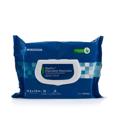McKesson StayDry Disposable Washcloths with Aloe, 100 Count, 2- Ply Pre-Moistened, Hypoallergenic, Dermatologist Tested Wipes - Formulated with Vitamin E (Pack of 1)