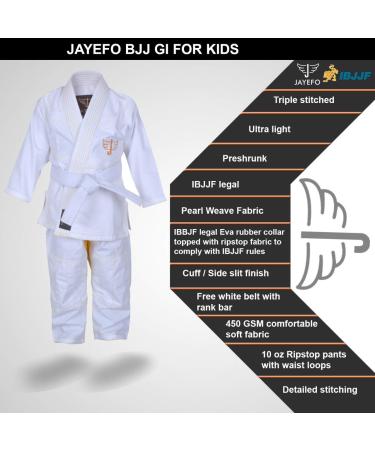Jayefo Kids Brazilian Jiu Jitsu GI for Boys and Girls | Lightweight IBJJF Legal BJJ Gi for Children | Soft Preshrunk Grappling Youth MMA Kimono with Free White Belt - 1 Year Warranty | White/Gold K00 - Buy Online on SooperMarket.com