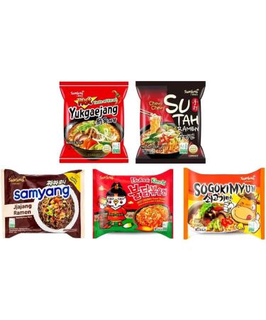 Samyang Korean Instant Noodle Soup Ramen (Hot Chicken Kimchi Sogokimyun Black Bean Yukgaejang SuTah) 5 Different Flavours Halal (Pack of 10) by CNMART - Buy Online on SooperMarket.com