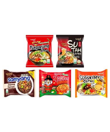 Samyang Korean Instant Noodle Soup Ramen (Hot Chicken Kimchi Sogokimyun Black Bean Yukgaejang SuTah) 5 Different Flavours Halal (Pack of 20) by CNMART
