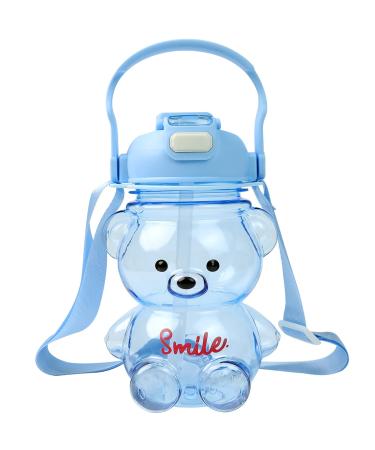 Kawaii Bear Straw Bottle  Large Capacity Double Drink Ports Cartoon Kids Bear Water Bottle with Strap and Straw  Cute Portable Bear Shaped Water Bottle Adjustable Removable Strap for Girls and Children (Blue)
