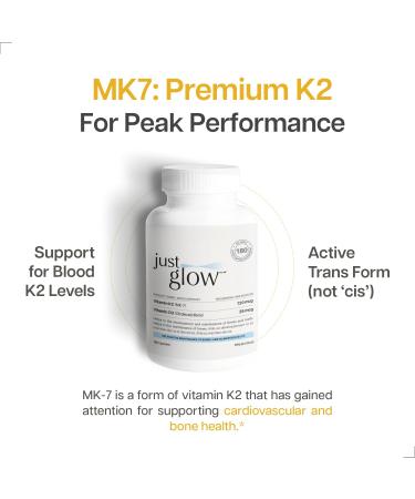 Just Glow Vitamin High-Potency K2 + D3 Supplement - 120mcg (MK-7) / 1000 IU - 180 Capsules - Helps Support Bones Teeth and Immune Function - Made In Canada - Buy Online on SooperMarket.com