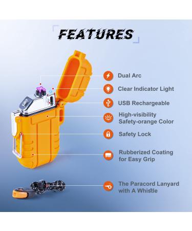 USB Rechargeable Windproof Arc Lighter Waterproof - Dual Arc Plasma Lighter with Emergency Whistle for Outdoor Adventure - Camping Gadgets (Orange) - Buy Online on SooperMarket.com