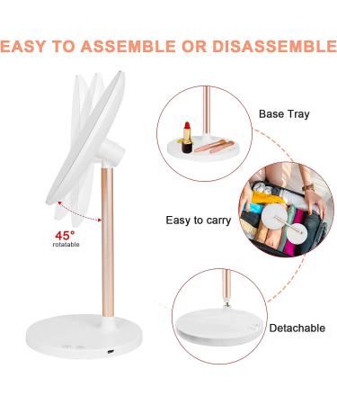 LED Vanity Makeup Mirror with Bluetooth & Smart Touch | 3 Color Dimmable & USB Rechargeable | 45 Rotatable Design (White) - Ideal for Makeup Desk - Buy Online on SooperMarket.com