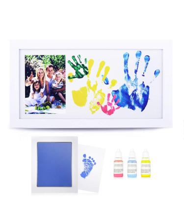 NWK DIY Family Photo + Family Hand/Footprints Kit with 10 X 17inch Elegant White Wood Picture Frame, Ink Pad, Non-Toxic Watercolor Paints, Baby Shower Family Christmas Gift for New Mom Dad with ink pad