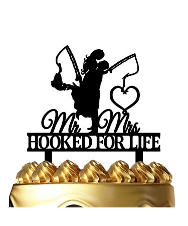 Funny Fishing Wedding Cake Topper - HOOKED FOR LIFE - Groom Hugging Bride Fishing Couple Cake Topper Mr&Mrs Wedding Cake Topper (Fishing Couple)