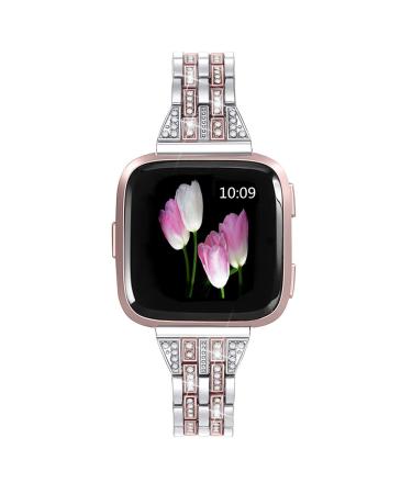 Mtozon Metal Bands Compatible with Fitbit Versa/Versa 2/Versa Lite, Replacement Metal Rhinestone Bling Bracelet Wristband for Women, Silver Rose Gold Black Silver with Rose Gold