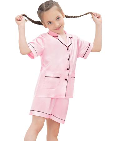 SWOMOG Kids Satin Pyjamas Set - Button-Down Silk Pjs Short Sleeve Lounge Set - 10-11 Years - Pink - Buy Online on SooperMarket.com