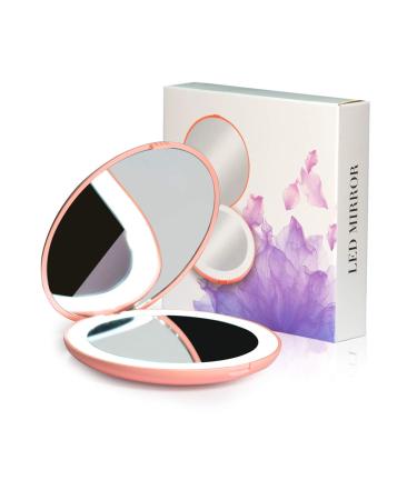 LED Travel Makeup Mirror 3.5 inch Lighted Compact Mirror 10X Magnification Handheld Double Sided Portable Folding Mirror For Pocket Purse Gift Pink Round 3.5 Round