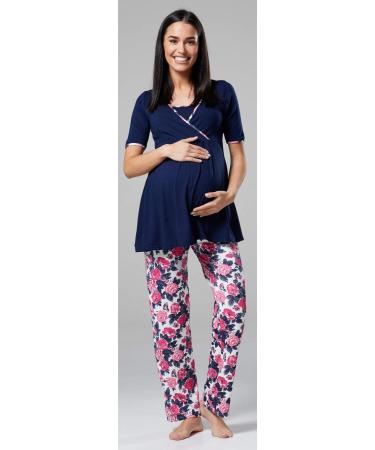 Happy Mama Maternity Nursing Nightwear Set - 3 Piece Navy and Ecru with Flowers | Pants, Top, Robe 558p - Buy Online on SooperMarket.com