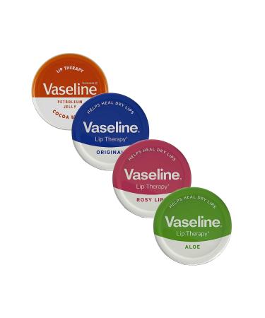 Vaseline Lip Balm - Petroleum Jelly - Lip Therapy - Original Coco Butter Alo VeraAnd Rosy 20g Tin - Soothes Dry Lips - Pack Of 4