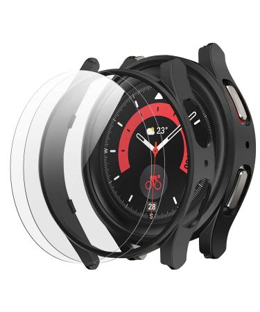 4 Pack Smiling Case and Screen Protector Compatible with Samsung Galaxy Watch 5 Pro 45mm, 2 Pack Matte Hard PC Bumper Case + 2 Tempered Glass Screen Protector Films for Galaxy Watch 5 Pro 5 Pro 45mm Black