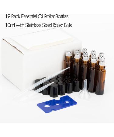 12 Pack 10ml Amber Glass Essential Oil Roller Bottles with Stainless Steel Roller Balls and Accessories | Labels, Openers, Funnels, Droppers Included - Buy Online on SooperMarket.com