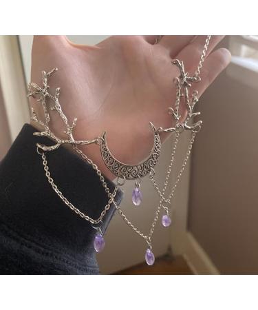 Oralgo Gothic Necklace: Vintage Lunar Branch with Violet Crystal Water Drop Pendant - Fashionable Pagan Witch Jewelry for Women - Buy Online on SooperMarket.com