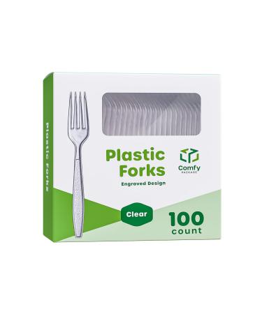 100 Pack Heavyweight Disposable Clear Plastic Forks - Engraved Design