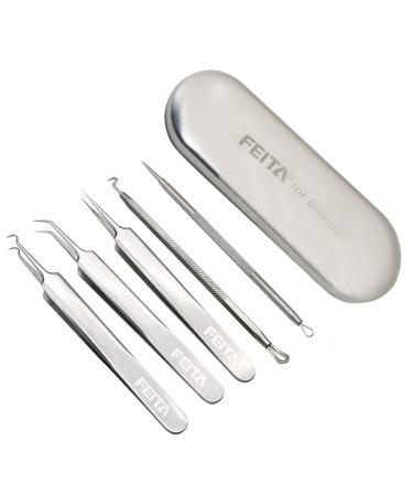 Blackhead Remover Tool Kit - FEITA Acne Pimple Tweezers Comedone Extractor Blemish Removal Tool Set for Facial Whitehead Popping Zit Removing