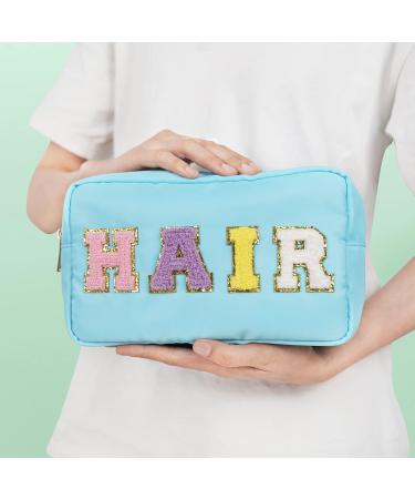 Nylon Waterproof Preppy Makeup Bag - Girls Chenille Letter Portable Travel Organizer for Toiletries and Cosmetics Storage (Blue Hair) - Patches Included - Buy Online on SooperMarket.com