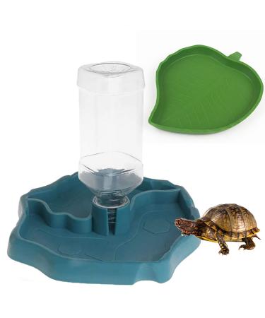 PINVNBY Reptile Food Water Bowl 2 in 1 Feeding Dish Automatic Dispenser Turtle Feeders Waterer With Leaf Plate Dish for Lizards Tortoises Gecko Chameleon 2 PCS (blue)