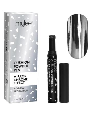 Mylee Air Cushion Chrome Powder Pen - Silver Holographic Nail Powder Decoration Shiny Metallic Mirror Effect - Long Lasting DIY Nail Art Manicure Tool