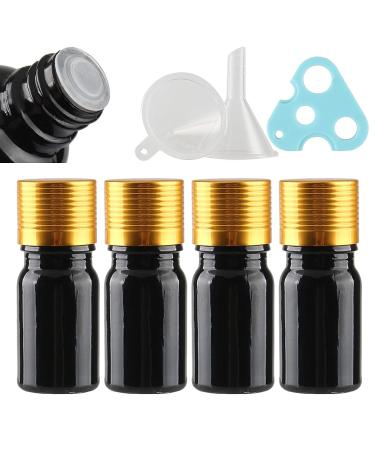 Tianzd 4 pieces empty small 5 ml gloss black glass bottles with sealed stopper gold aluminum screw cap glass bottle flasher oil fragrance perfume massage aromatherapy gold 5ml