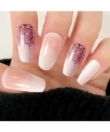 LUVADEYO 24 PCs Pink Coffin Sequins Fake Nails | Medium Length Press-On Nails with Bling Gradient & Rhinestone Design - Gorgeous Full Cover False Nails - Buy Online on SooperMarket.com