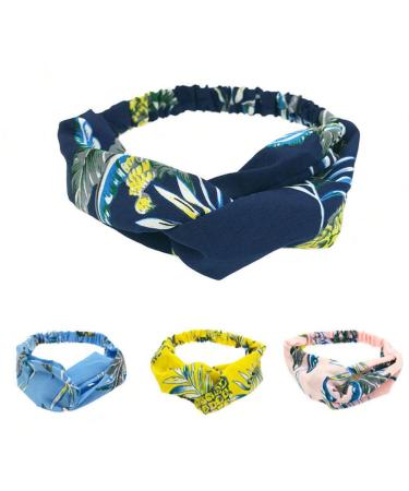Aysekone 4 Pack Elastic Women's Tropical Beach Wind Summer Headbands Hair Accessories Turban Pineapple Printed Cross Knot Headwear Hair Bands for Lady Girls