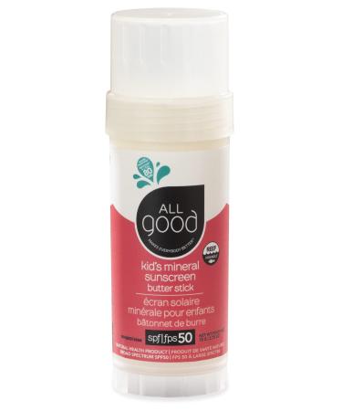 All Good Baby & Kids Mineral Sunscreen Butter Stick for Face, Nose, Ears - UVA/UVB Broad Spectrum SPF 50, Coral Reef Friendly, Water Resistant, Zinc Oxide, Coconut Oil, Beeswax, Vitamin E (2.75 oz) 2.75 Ounce (Pack of 1) Kids