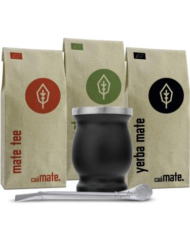 Mate Tea Set Organic 3 types of mate + double-walled stainless steel mate cup + bombilla + preparation instructions (black)