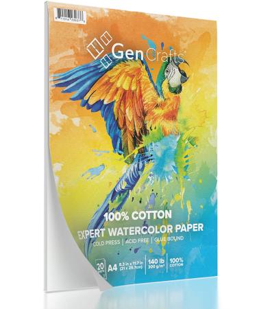GenCrafts 100% Cotton Watercolor Paper Pad - A4 8.3x11.7" - 20 Sheets (140lb/300gsm) - Cold Press Acid Free Art Sketchbook Pad for Painting & Drawing, Wet, Mixed Media