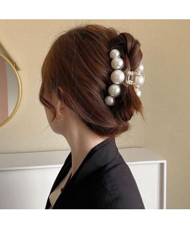 Pearl Hair Claw Clips Elegant Big Pearl Hair Accessories Big Size Acrylic Hairpin Hair Crab Large Ornaments Barrettes Geometric Pearl Rhinestone White Hair Clamp Decoration for Women 1Pcs