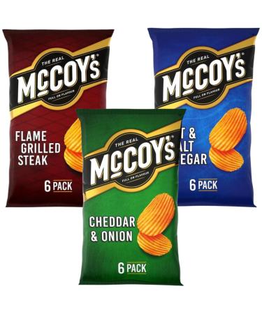Crisps Bundle with McCoys Cheddar & Onion Multipack Crisps 6 Pack 25g Flame Grilled Steak Multipack Crisps 6 Pack 25g and Salt & Malt Vinegar Multipack Crisps 6 Pack 25g (3 Pack)