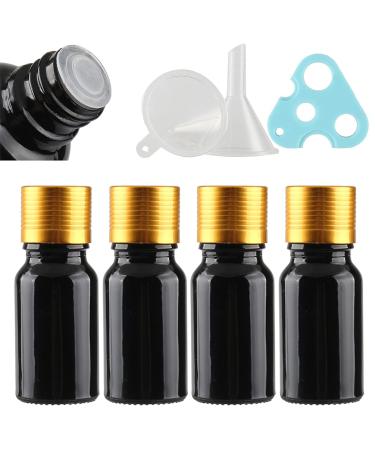 Tianzd 4 piece of empty little 10 ml gloss black glass bottles with sealed stopper gold aluminum screw cap glass bottle flasher oil fragrance perfume massage aromatherapy gold 10ml