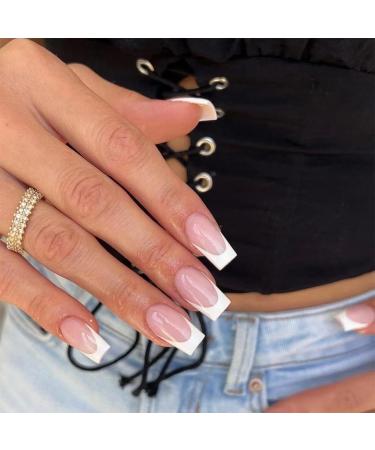 Medium Press on Nails Square Fake Nails Glue on Nails Medium False Nails with White French Tip Nails Gloss Press ons Designs Acrylic Nails Press on Artificial Nails Stick on Nails For Women 24Pcs medium white french tip