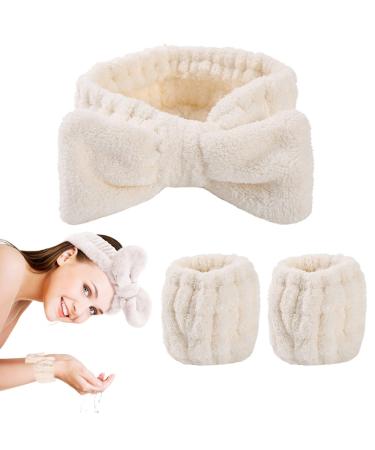 WLLHYF 3 Pieces Spa Headband Face Washing Wristbands Straps Headbands Set for Women Girls Washing Face Towel Wristbands Hair Headband Elastic Wrist Makeup Prevent Liquids from Spilling Down Your Arms (White)