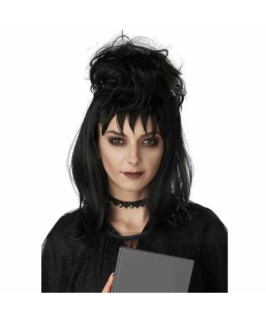 PORSMEER Black Gothic Bride Wig for Lydia Long Cosplay Wig With Hair Bun for Women Halloween Party California Fancy dress Lydia Wig