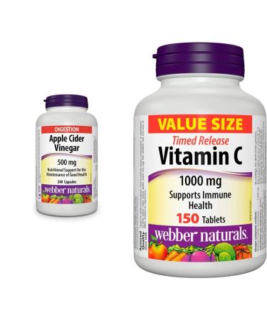 Webber Naturals Apple Cider Vinegar Capsules 500 mg 240 Count & Vitamin C Timed Release 1 000 mg 150 Tablets For Bones Teeth Immune and Antioxidant Health Vegetarian