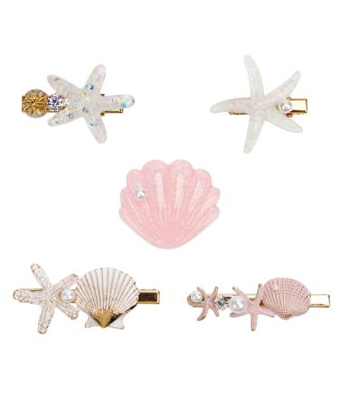 5 Pieces Pearl Shell Starfish Hair Clip Set  Coldairsoap Artificial Starfish Hair Clips Acrylic Resin Shell Pearl Seashell Hair Clip Headwear Styling Beach Mermaid Hairpin for Women Ladies