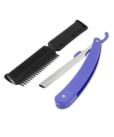 Ruilogod Blue Plastic Handle Blade Folded Beauty Hair Razor Black Comb Trimmer Holder